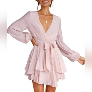 Pink V-neck Long Sleeve Ruffle Skater Dress
